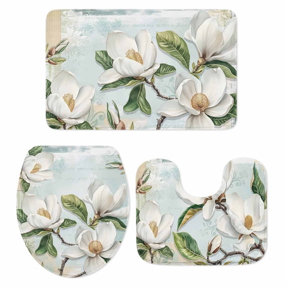 White Floral Bath Mat 3 Piece Bathroom Rug Set, Pastoral Farmhouse Magnolia Flowers Leaves Non Slip Bath Rug Contour Mat and Toilet Lid Cover, Absorbent Shower Mats Soft Bath Rugs and Mats Sets