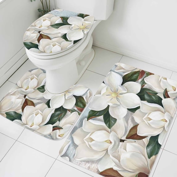 White Floral Bathroom Rugs Set Spring White Magnolia Vintage Plants Farmhouse Rustic Non Slip Absorbent Soft Bath Mats 3 Piece Set with Bathroom Rug, U-Shaped Floor Mat, Toilet Seat Cover Small Size