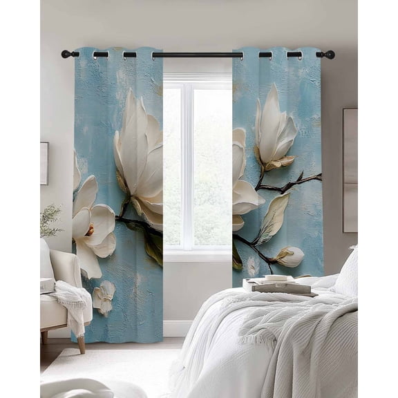 White Floral Blackout Curtains 2 Panels Magnolia Plant Leaf Thermal Insulated Grommet Window Curtains for Bedroom Living Room 52"x63"
