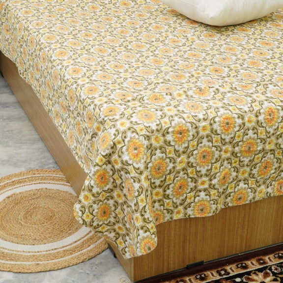 White Floral Block Print Indian Kantha Quilt Yellow Green Pattern Pure Cotton Handmade Bedspread Boho Bedroom Decor