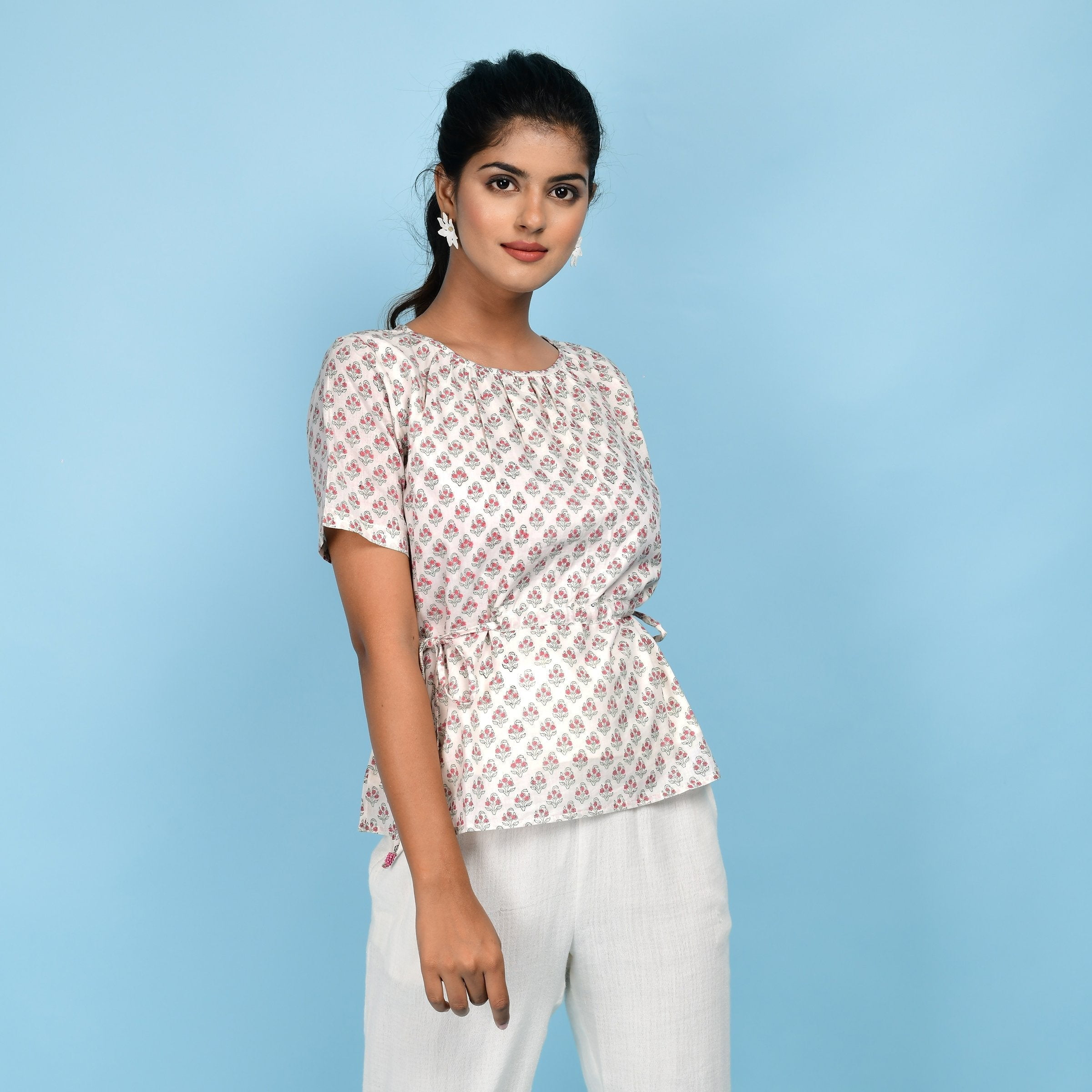 White Floral Block Printed Cotton Peplum Top main image 1