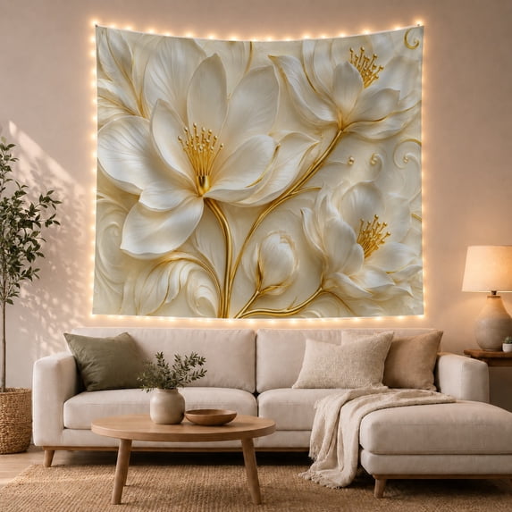 White Floral Blossoms with Golden Stems in Soft Beige Background, Calming Boho Wall Art for Flower Lovers, Botanical Floral Decor, Spring Gift Tapestry Wall Hanging for Living Room and Bedroom