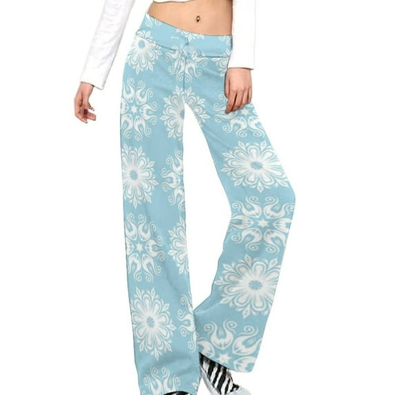 White Floral Blue Pattern Background Women's Wide Leg Pants High Waist Adjustable Knot Loose Casual Trousers Business Work Casual Pants