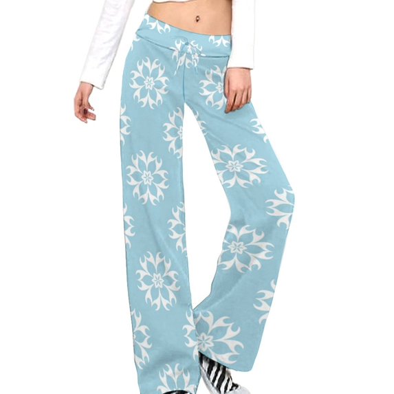 White Floral Blue Seamless Pattern Women's Wide Leg Lounge High Waisted Loose Work Casual Outfits Trousers