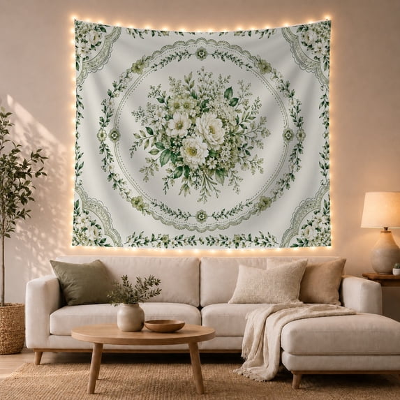 White Floral Bouquet Inside a Leafy Wreath, Peaceful Boho for Flower Lovers, Botanical Wall Art, Mother'S Day Gift, Tapestry Wall Hanging for Bedroom and Living Room