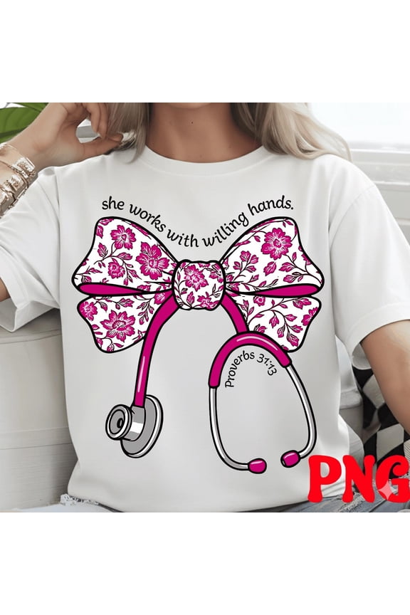 White Floral Bow T-Shirt with Pink Stethoscope and "She Works with Willing Hands" Proverbs 31:13 Design