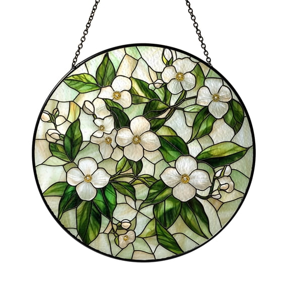 White Floral Branch Stained Glass Window Art Decorative Glass Hanging for Home Interior Decor