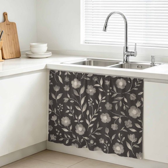 White Floral Cabinet Curtains for Kitchen 11"W x 13"L, Small Flower Leaf Botanical Muted Gray Linen Texture Vanity Cabinet Curtains Magic Tape Short Curtain Decor Privacy Panel for Bathroom Laundry