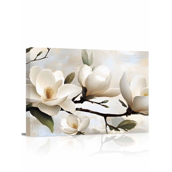 White Floral Canvas Print Wall Art Magnolia Flowers Retro Leaf Branch Pictures Painting Morden Artwork for Living Room Bedroom, Ready to Hang - 12"x16"