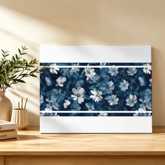 White Floral Canvas Wall Art, Evening Garden Flower Botanical Navy Blue Background Wall Art Prints Artwork Framed Canvas Ready to Hang Art Pictures for Bathroom Bedroom Entry Desk Corner 10" x 8"