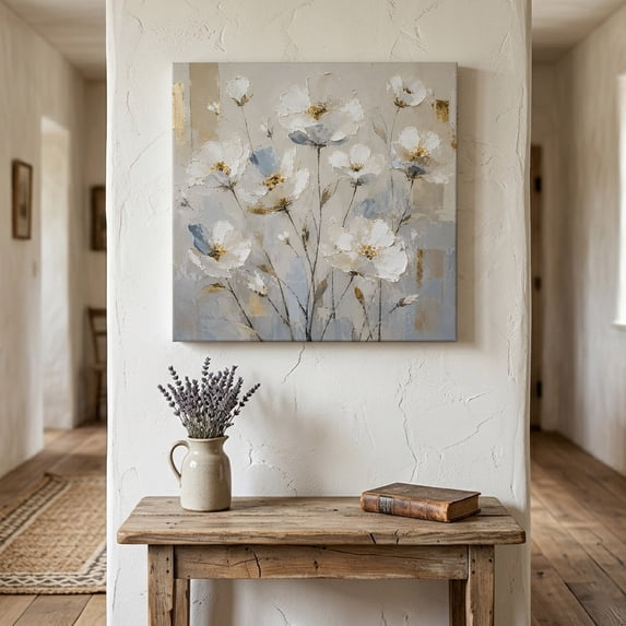 White Floral Canvas Wall Art for Living Room Bedroom Bathroom, Modern Abstract Art Farmhouse Pastoral Flowers Leaf Canvas Art Wall Decor, Artwork for Walls Home Office Decor, 10"x10"