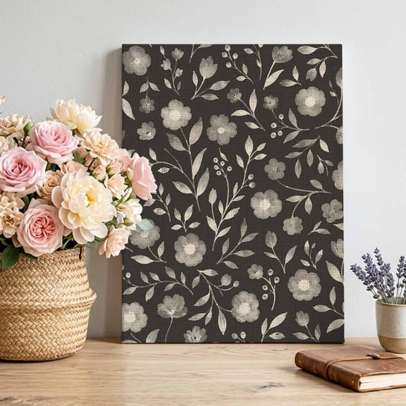 White Floral Canvas Wall Art for Living Room, Small Flower Leaf Botanical Muted Gray Linen Texture Poster Print Painting for Bedroom Office Home Decoration Wall Pictures Prepare To Hang 24"x32"