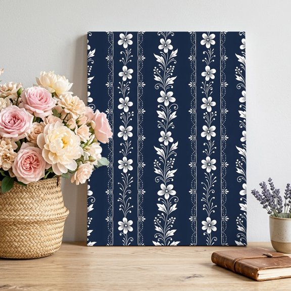 White Floral Canvas Wall Art for Living Room, Vertical Stripes Dark Blue Background Poster Print Painting for Bedroom Office Home Decoration Wall Pictures Prepare To Hang 8"x12"