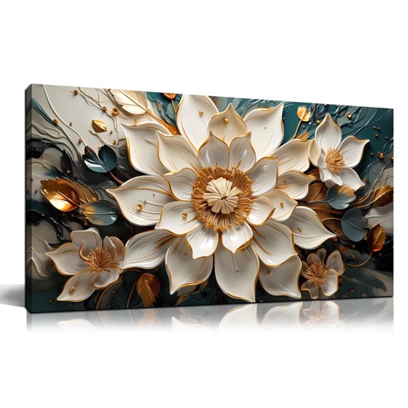 White Floral Canvas Wall Mural with Gold Accents - Abstract Floral Decorative Painting on a Cyan Background, Printed Oil Painting Artwork