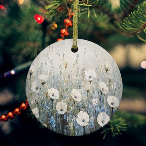 White Floral Ceramic Ornaments, Modern Farmhouse Oil Painting Plants Round Porcelain Hanging Ornaments with Gold String, Xmas Decorations Keepsake Gifts for Holiday Home Party 3''