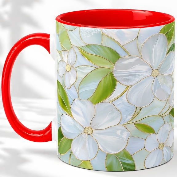 White Floral Coffee Mug, Stained Glass Leaf Art, Gentle Daily Tea Sips