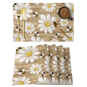 White Floral Cotton Linen Placemats Set of 1, Vintage Daisy Farmhouse Bee Rustic Summer Plant Washable Table Place Mats Heat Insulating Placemat for Dining Room Kitchen Daily Use 13 x 19 Inch