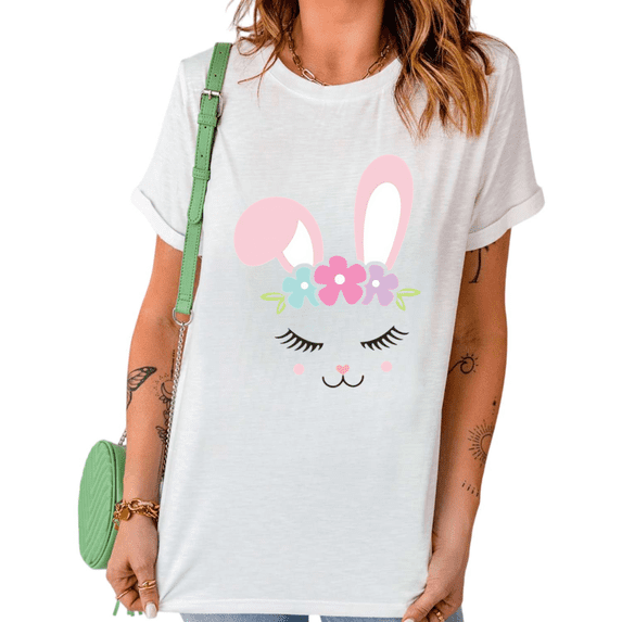 White Floral Crown Bunny Closed Eyes Easter Graphic Print Tshirt Graphic Tees Shirts Cute Rabbit Casual Tops S-5XL