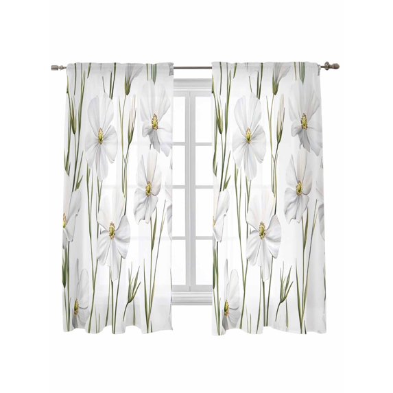 White Floral Curtains 63 Inch Length, Sheer Curtains for Bedroom Living Room Window Garden Floral Seasonal Botanical Blooms Rod Pocket Voile Drapes Kitchen Curtains Small Half Window 42"x63" 2 Panels