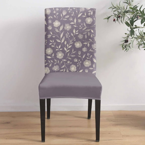 White Floral Dining Chair Covers Set of 1, Small Flower Leaf Botanical Dusty Purple Linen Texture Chair Covers for Dining Room Removable Seat Protectors Slipcovers for Home Party Wedding Banquet