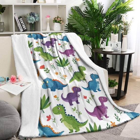 White Floral Dinosaurs Pattern Blanket,Comfortable Soft Flannel Throw Blanket,All Season,Warm Lightweight Blankets for Sofa Bed Couch Living Room Chair,40"x50"