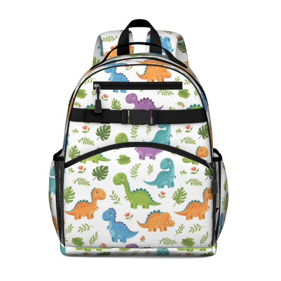 White Floral Dinosaurs Pattern Cute School Backpack Bag for School with Padded Back and Adjustable Shoulder Straps 15.25"x11.5"x5.25"