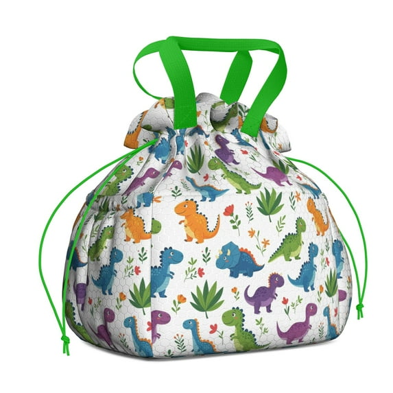White Floral Dinosaurs Pattern Drawstring Lunch Bag Women - Drawstring Lunch Bag Insulated for Work Office - Stain-Resistant Large Lunchbags for Women with Multi-Pockets