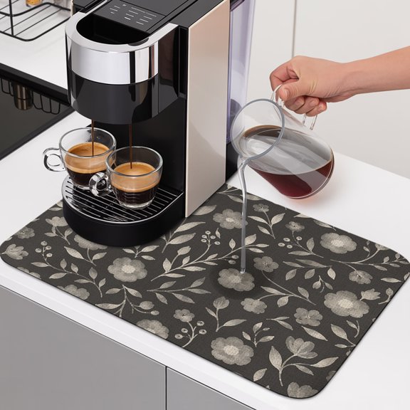 White Floral Dish Drying Mats for Kitchen Counter, Small Flower Leaf Botanical Muted Gray Linen Texture Absorbent Coffee Bar Mat with Non-slip Rubber Backed Quick Drying Dish Rack Pad 16"x24"