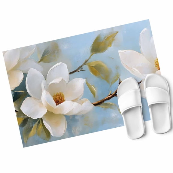 White Floral Door Mat Magnolia Leaf Plant Non Slip Absorbent Entrance Mat Washable Low Profile Indoor Doormat for Front Door Entryway Entry 16"x24"