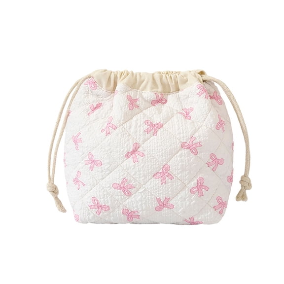 White Floral Drawstring Pouch Cosmetic Bag Soft Fabric Cinch Top Storage Organizer for Travel Toiletries Makeup Accessories
