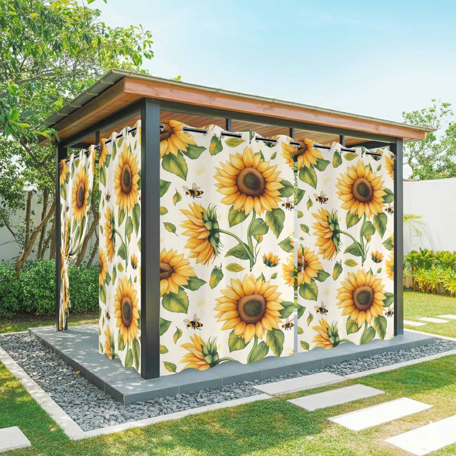Summer Floral Outdoor Curtains for Patio, Watercolor Flowers Romantic Sunflower Farmhouse Bee Waterproof Outside Curtains Privacy Blackout Curtain for Porch Pergola Cabana, 1 Panel 54W x 84L Inch