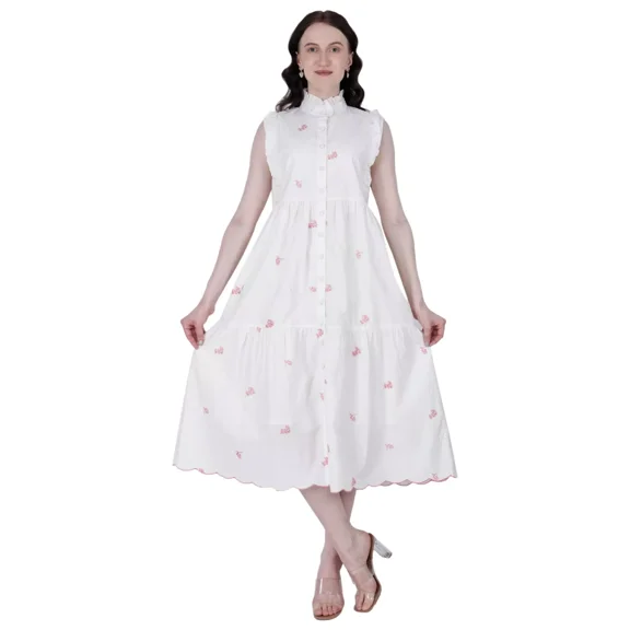 White Floral-Embroidered 100% Cotton Dress With Pockets Women Dress Midi Top