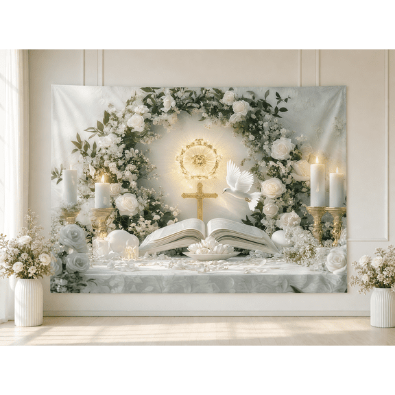 White Floral First Communion Backdrop