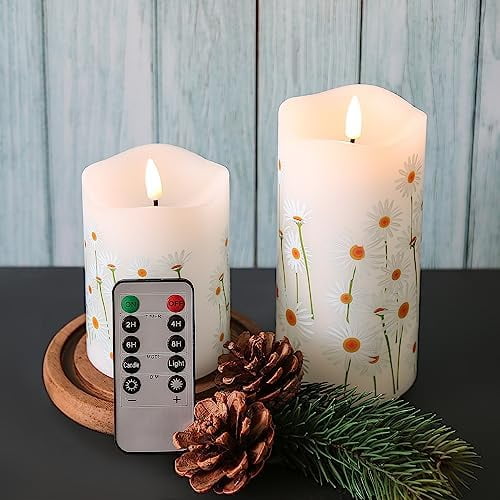 White Floral Flameless Pillar Candles with Remote, Flickering Spring Daisy Battery LED Candles Set of 2