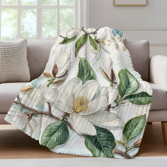 White Floral Fleece Throw Blanket for Couch, Botanical Magnolia Flower Leaves Butterfly Microfiber Flannel Blanket for All Season, Lightweight Fuzzy Plush Throw Blankets for Gifts, Office, 40"x50"