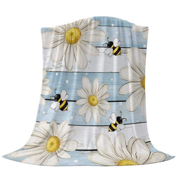 White Floral Fleece Throw Blanket Lightweight Vintage Daisy Farmhouse Bee Rustic Summer Blue Striped Fuzzy Flannel Throws Super Soft Cozy Flannel Blanket for Couch, Sofa, Bed, Travel 50"x60"