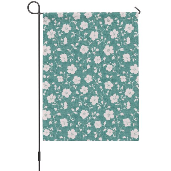 White Floral Garden Flag 12 x 18 Inches, Rustic Flower Green Bud Slender Sprig Vine Textured Weather Proof Outdoor Patio Flags Double Sided Small Garden Decoration for Yard Outside Home