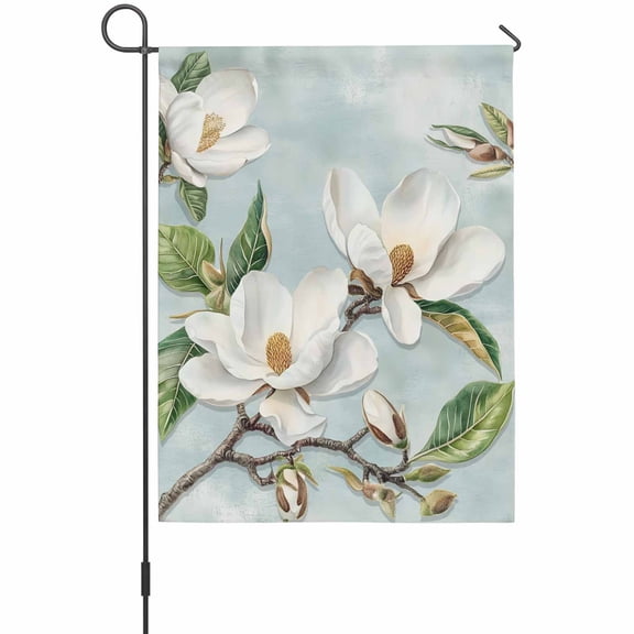 White Floral Garden Flags For Outdoor, Magnolia Flower Bud Green Leaf Small Double Side Yard Flags Weather Proof Garden Decor for Lawn Outside Holiday 12 x 18 Inches