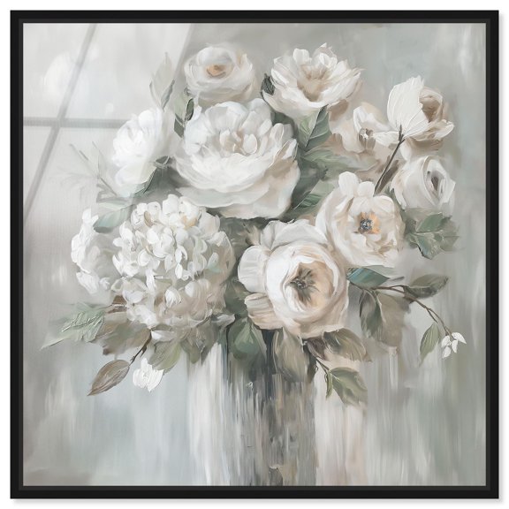 White Floral Harmony Framed High-Gloss Acrylic Glass Wall Art White Floral Art by Art Remedy, Black Frame, 24 x 24