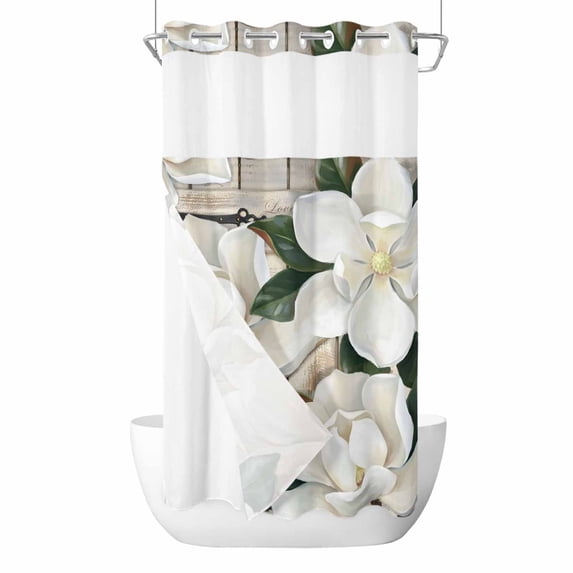 White Floral No Hook Shower Curtain with Snap in Liner Spring White Magnolia Vintage Plants Farmhouse Waterproof Bathroom Shower Curtain with See Through Top Window for Bathtub 36" x 72"