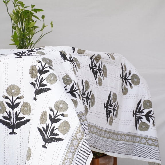 White Floral Indian Kantha Quilt Handmade Cotton Black Olive Block Print Bedspread, Lightweight Hand Stitched Boho Bedding Decor