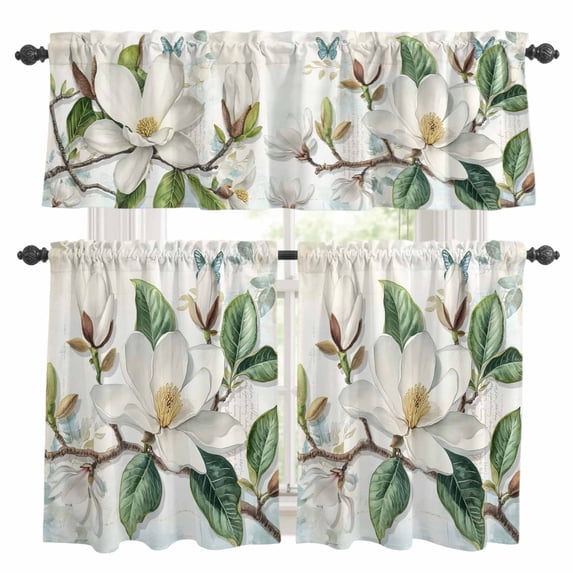 White Floral Kitchen Curtains Sets for Windows 24 Inch Length, Botanical Magnolia Flower Leaves Butterfly Rod Pocket Window Treatments Tier Curtains and Valances Set for Bedroom/Bathroom