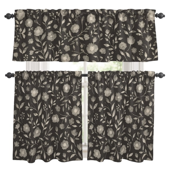 White Floral Kitchen Curtains Valances 3 Piece Set, Small Flower Leaf Botanical Muted Gray Linen Texture Rod Pocket Tier Curtain and Valance Drapes for Small Window 24 Inch Length for Bedroom Cafe