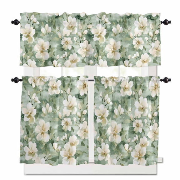 White Floral Kitchen Curtains and Valances Set, Watercolor Flower Sage Green Background Rod Pocket Window Valance 18 Inch Window Curtain Panels for Living Room Bedroom Laundry, 27.5x36in, 3 Pieces