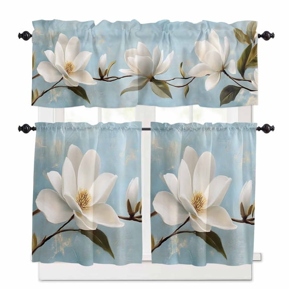 White Floral Kitchen Curtains Valances and Tiers Set of 3, Pastoral Retro Style 24 Inch Length Tier Curtains and Valance Rod Pocket Valance Curtains Set for Kitchen Bathroom Small Windows