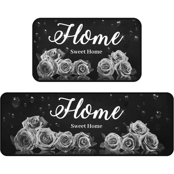 White Floral Kitchen Mat Set of 2, White and Black Kitchen Rugs Non-Skid Washable Kitchen Mats for Kitchen Sink Floor, Farmhouse Rose Kitchen Decor and Accessories Floral Kitchen Rug