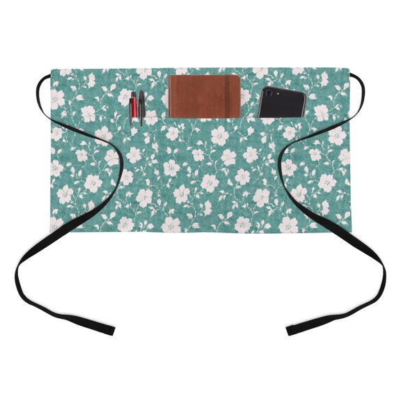 White Floral Kitchen Restaurant Half Waist Apron, Rustic Flower Green Bud Slender Sprig Vine Textured Server Short Apron with 3 Pockets Waterproof Oil Waist Aprons for Women Waitress Waiter