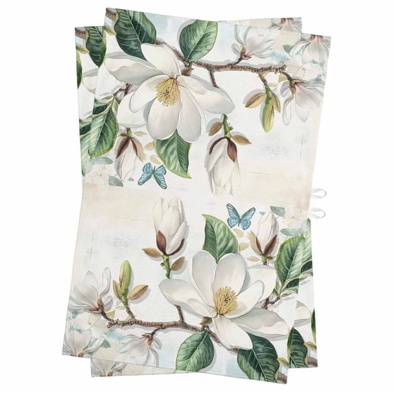 White Floral Kitchen Towels Set of 2, Water Absorbent Dish Towel, Botanical Magnolia Flower Leaves Butterfly Decorative Hand Towels - Quick Drying Cloth for Cooking Baking, 18x28 Inch