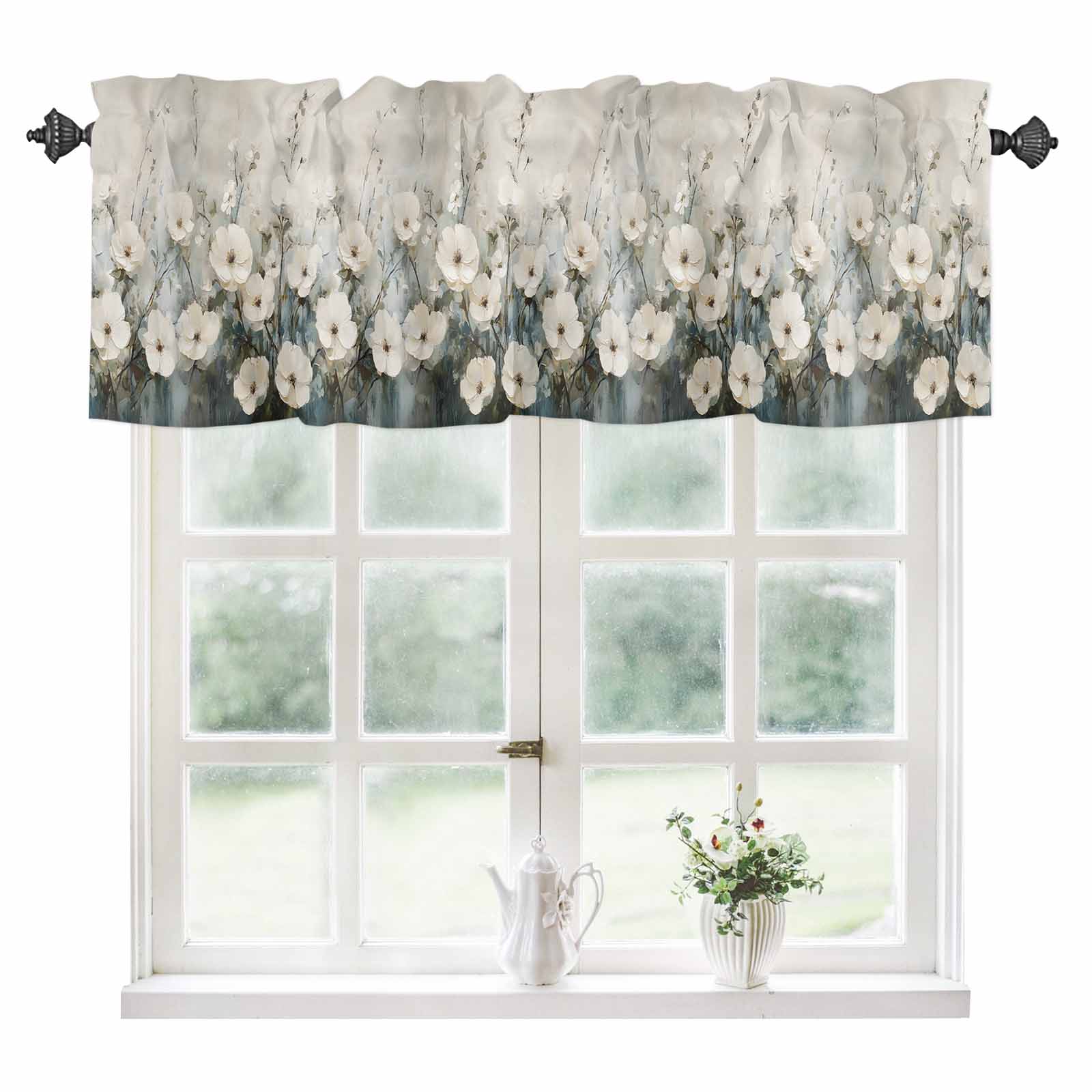 White Floral Kitchen Valances for Windows 42x12 Inch Kitchen Curtains ...