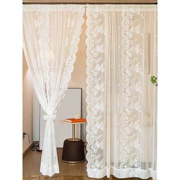 White Floral Lace Door Curtain Panel, Modern Sheer Polyester For Entryway Or Living Room